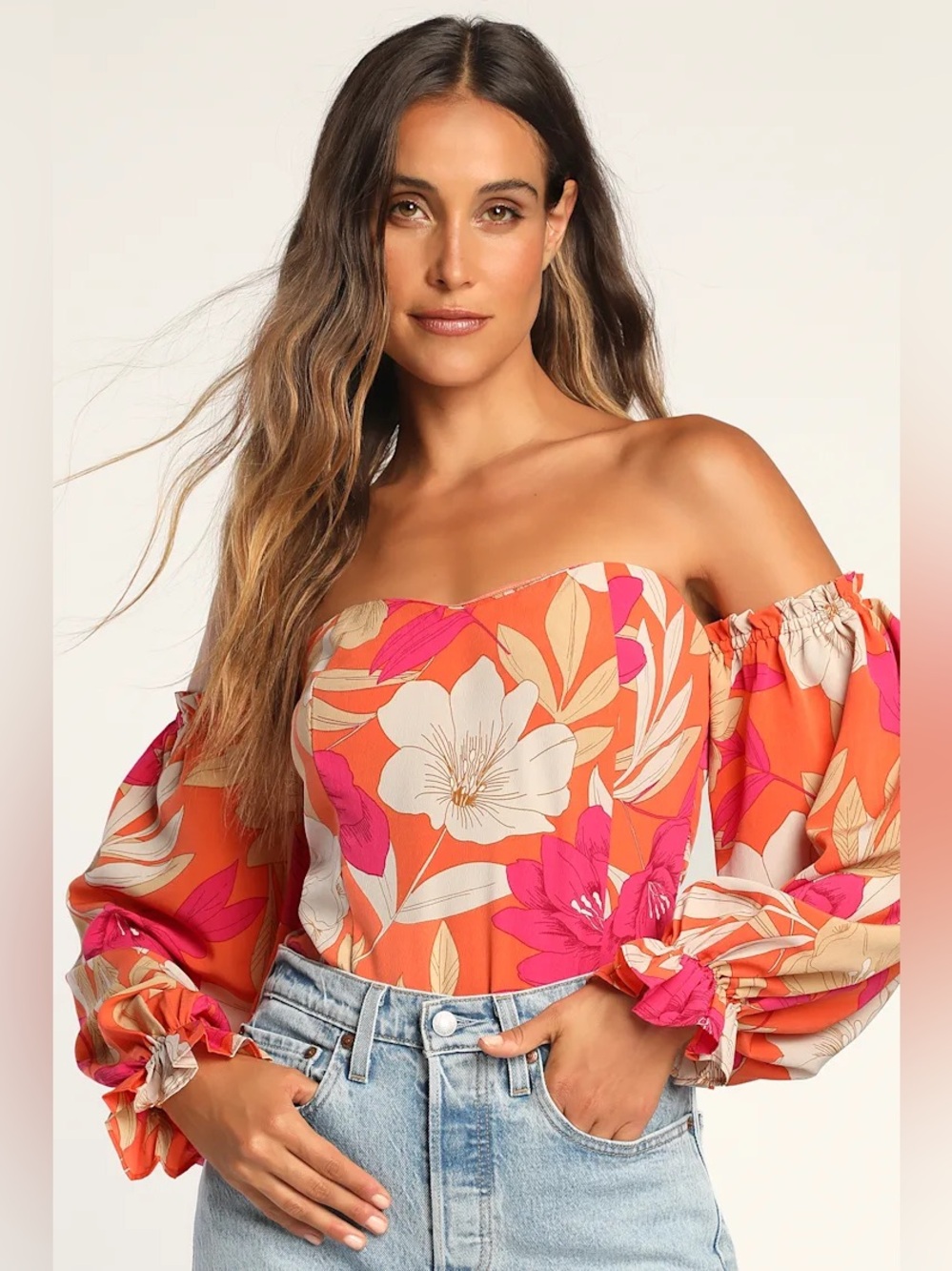 NWT Lulu's Pink & Orange Floral Long Sleeve Off the Shoulder Bodysuit